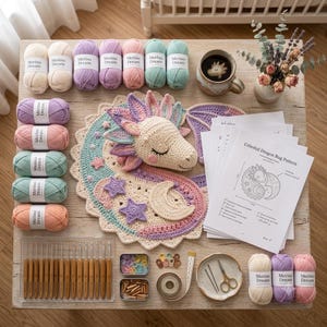Puede incluir: Un kit de ganchillo que incluye un patr&oacute;n de alfombra de drag&oacute;n celestial, varias madejas de hilo Merino Dream en tonos pastel, ganchillos de madera, marcadores de puntos, una cinta m&eacute;trica, tijeras y una taza con dise&ntilde;o de drag&oacute;n.