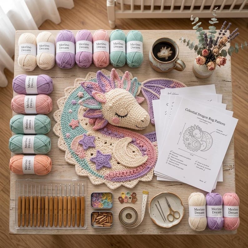 Puede incluir: Un kit de ganchillo que incluye un patr&oacute;n de alfombra de drag&oacute;n celestial, varias madejas de hilo Merino Dream en tonos pastel, ganchillos de madera, marcadores de puntos, una cinta m&eacute;trica, tijeras y una taza con dise&ntilde;o de drag&oacute;n.