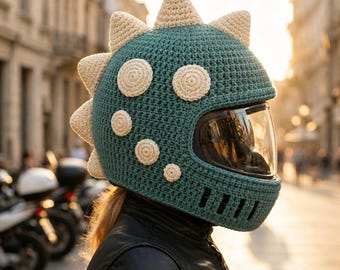 Patrón de ganchillo para funda de casco de dinosaurio, funda para moto, PDF apto para principiantes
