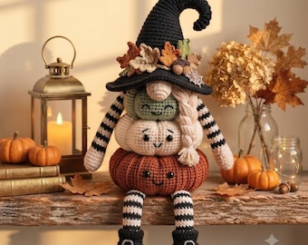 Crochet Halloween Witch Pumpkin Pattern PDF, Fall Amigurumi Decor, Autumn Gnome Doll, Pumpkin Shelf Sitter, Spooky Crochet Pattern