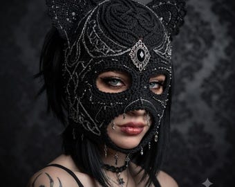 Crochet Gothic Cat Balaclava Pattern PDF, Lace Cat Hood Mask, Gothic Hood Crochet Pattern, Halloween Cosplay Tutorial