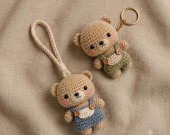 Crochet Teddy Bear Overalls Keychain Pattern, Amigurumi Bag Charm DIY Plush Toy (PDF)