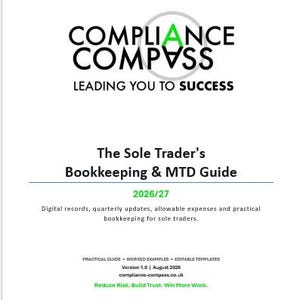 Peut inclure: Une couverture de document blanche intitulée Compliance Compass Leading You To Success. Elle présente The Sole Trader's Bookkeeping & MTD Guide 2026/27, avec du texte sur les registres numériques, les mises à jour trimestrielles et la comptabilité.