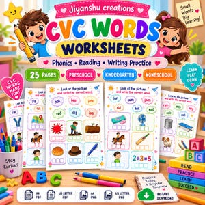 May include: Educational CVC words worksheets for preschool and kindergarten featuring phonics, reading, and writing practice. The set includes 25 pages with colorful illustrations of objects like hats, pens, and fans, alongside letter boxes for spelling.