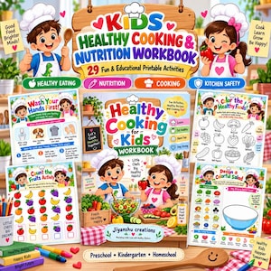 Può includere: Un quaderno di esercizi di cucina e nutrizione sana per bambini con 29 attività stampabili. La copertina mostra due bambini in stile cartoon con cappelli da chef, testo colorato e illustrazioni di frutta e verdura. Include schede per lavarsi le mani e insalate.