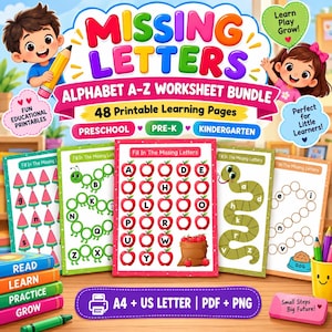 May include: A Missing Letters Alphabet A-Z worksheet bundle featuring 48 printable learning pages for preschool, pre-K, and kindergarten. The set includes colorful illustrations of apples, a caterpillar, and a snake, with A4 and US Letter PDF and PNG formats.