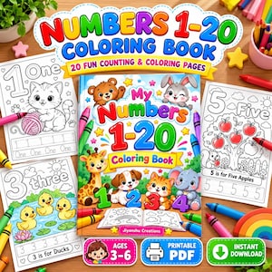 May include: A Numbers 1-20 coloring book with a colorful cover featuring cartoon animals and the text My Numbers 1-20 Coloring Book. The set includes printable pages showing numbers, animals, and counting exercises with crayons and markers.