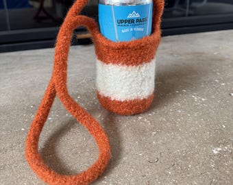 Felted Wool Can Cooler, Fall Colors - Knit and Hand-Felted Drink Sleeve with Cord, Made in Vermont