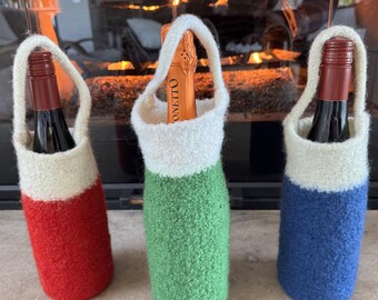 Felted Wool Wine Bottle Gift Bag with Handle - Hand-Felted Carrier, Hostess Gift, Made in Vermont