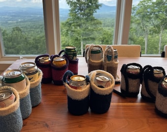 Custom Can Cooler - Choose Your Colors, Hand-Felted Wool Drink Sleeve with Cord, Personalized Gift, Made in Vermont