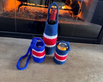 Union Jack Hand-Felted Wool Can Cozy & Wine Bottle Holder - British Flag Gift, Made in Vermont