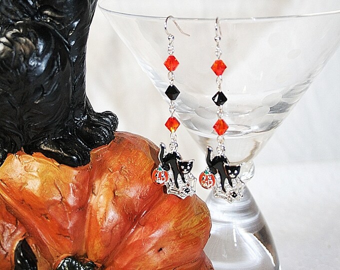 Black Cat Halloween Earrings Halloween Dangle Earrings Black and Orange Halloween Earrings