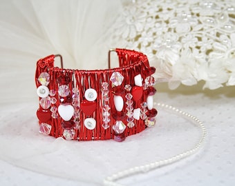 Handcrafted Red Wire Cuff Bracelet – Heart Accent Statement, Romantic Artisan Jewelry, Valentine Bracelet