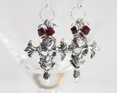 Silvertone Skull Dagger Dangle Earrings Red Swarovski Crystals Halloween Skull Earrings Goth Earrings