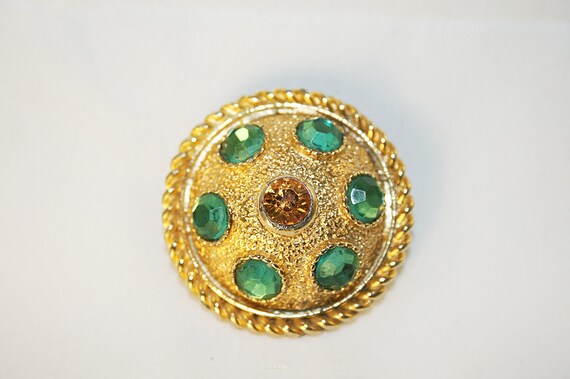 Vintage 1970s Mod Rhinestone Pin Brooch Emerald G… - image 5