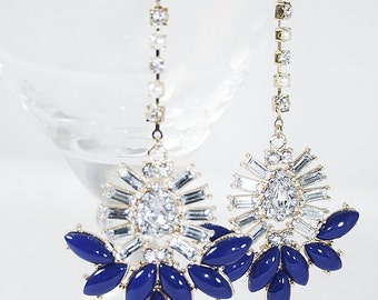 Cobalt Blue Diva Dangle Earrings Statement Rhinestone Earrings Wedding Earrings Cocktail Party Earrings Diva Earrings