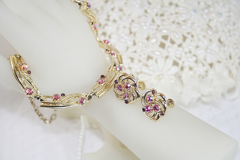 Pink Aurora Borealis Rhinestone Necklace Earring Set Vintage Wedding Jewelry Gifts for Her image 3