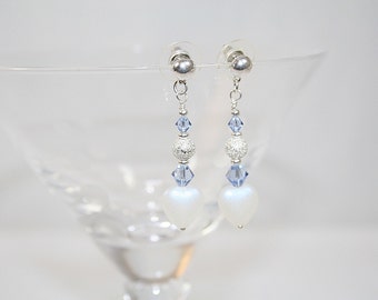 Valentines Earrings Frosted Heart Dangle Earrings Blue Dangle Earrings Wedding Heart Earrings Sweet Heart Earrings Gifts For Her