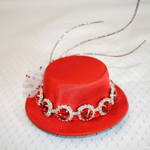 Red Satin Mini Top Hat with Red Rhinestones Tulle Flowers Silver Glitter Ting Wedding Party Hat Fun Summer Party Hat Fourth of July image 5