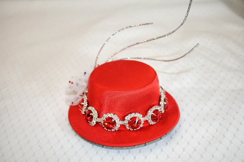 Red Satin Mini Top Hat with Red Rhinestones Tulle Flowers Silver Glitter Ting Wedding Party Hat Fun Summer Party Hat Fourth of July image 5