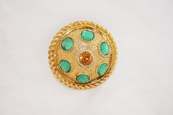 Vintage 1970s Mod Rhinestone Pin Brooch Emerald G… - image 2