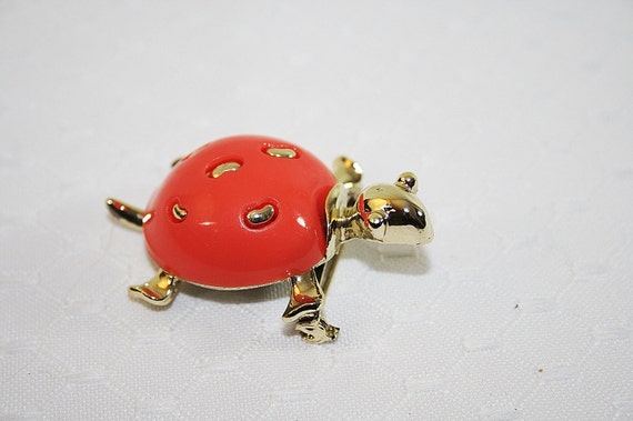 Orange Turtle Pin Brooch Orange  Goldtone Accents… - image 3