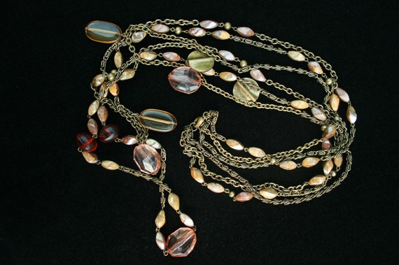 Triple Strand Antiqued Goldtone Necklace Long Str… - image 2