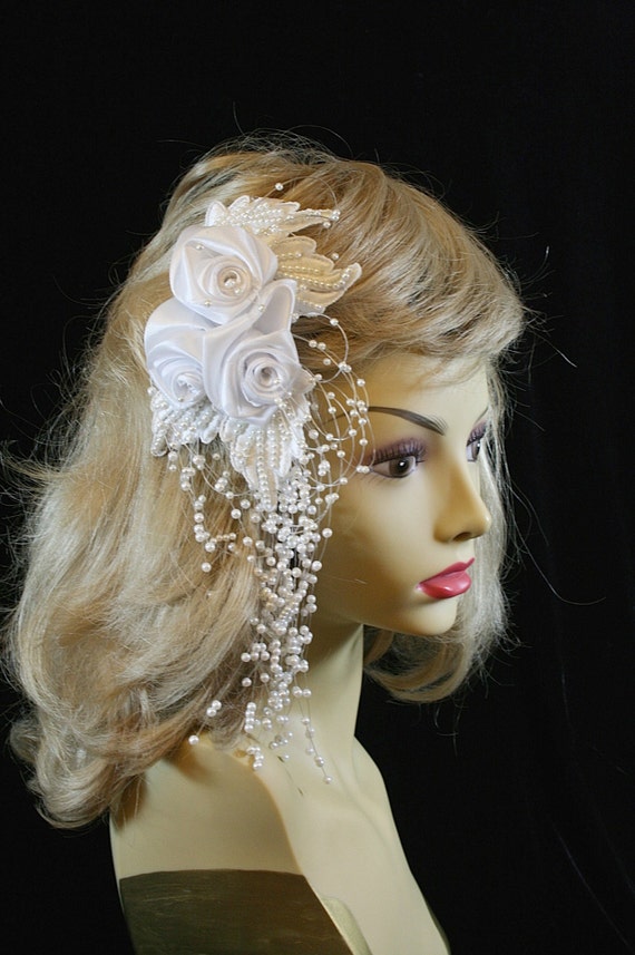 Vintage Bridal Faux Pearl Roses Beaded Hair Comb H