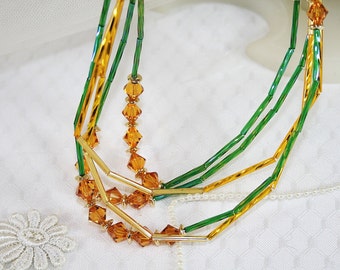 Green Gold Glass Tube Bead Necklace Handcrafted Statement Necklace Crafted from Vintage Elements Perfect for any Occasion