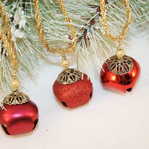 Red Jingle Bell Necklace Goldtone Chain Christmas Holiday Necklace Wedding Party
