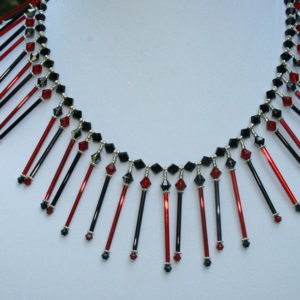 Black Red Fringe Necklace Vintage Black Red Glass Swarovski Crystals Handcrafted Vintage