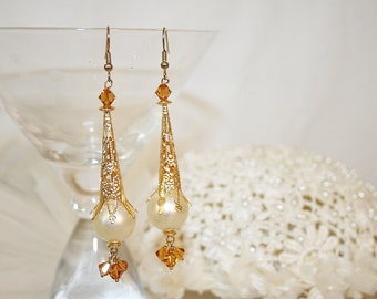 Topaz Crystal and Faux Pearl Dangle Earrings Handcrafted Wedding Earrings Elegant Earrings Shoulder Duster Earrings Statement Earrings
