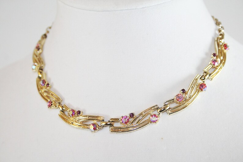 Pink Aurora Borealis Rhinestone Necklace Earring Set Vintage Wedding Jewelry Gifts for Her image 4