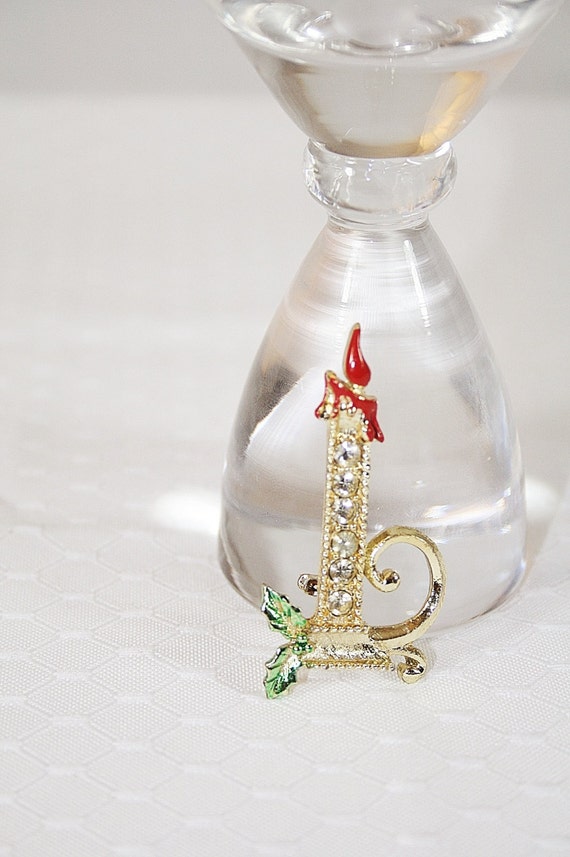 Rhinestone Christmas Candle Brooch Pin Vintage Ch… - image 2