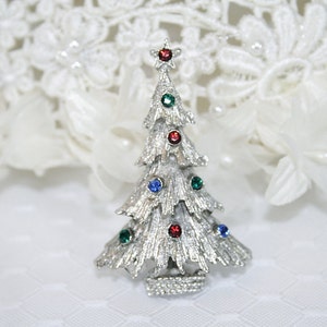 Colorful Rhinestone Christmas Tree Brooch Silvertone Christmas Tree Pin Shop Small