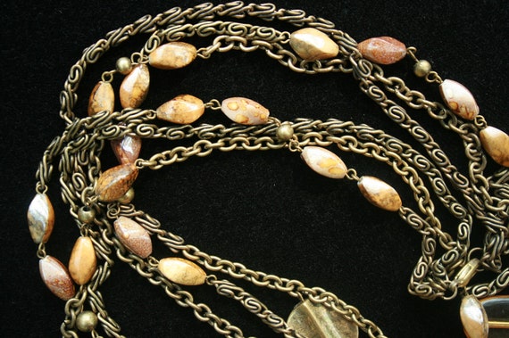 Triple Strand Antiqued Goldtone Necklace Long Str… - image 3