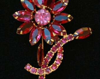 Pink Rhinestone Flower Brooch Pin Stunning Vintage Statement Jewelry