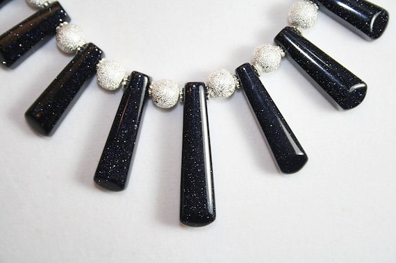 Sparkly Deep Blue Goldstone Bib Necklace Earring Set Silver Stardust Beads Dazzling Necklace Day Night Wedding Necklace Hoop Earrings