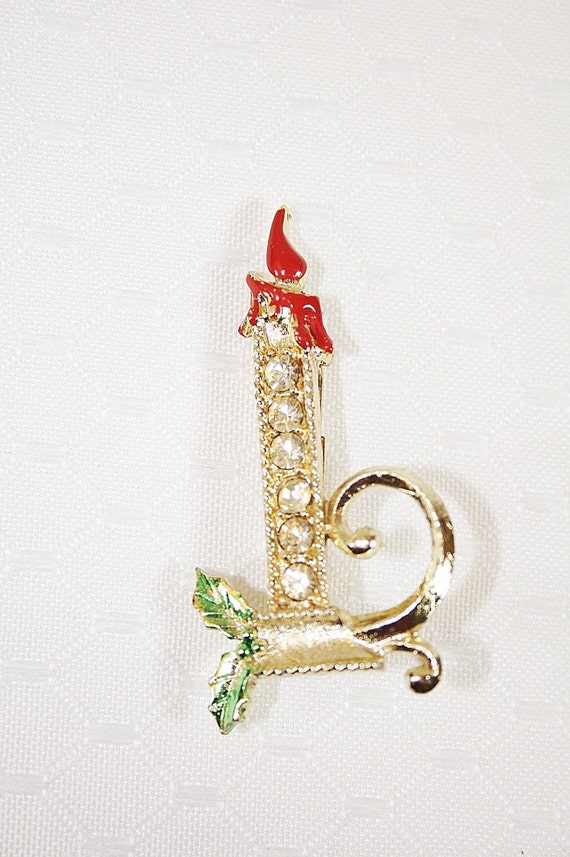 Rhinestone Christmas Candle Brooch Pin Vintage Ch… - image 4