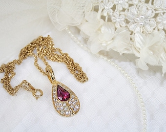 Pink Rhinestone Pendant Necklace by ROMAN Vintage Rhinestone Wedding Necklace Gifts for Her