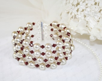 Fabulous Faux Pearl Bracelet Faux Pearl Red Swarovski Crystal Bracelet Classic 4 Strand Bracelet Gift Ideas For Her Wedding Bracelet