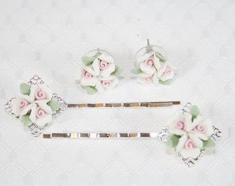White Pink Rose Hair Clips Earring Set Handcrafted Wedding Bridal Party Any Occasion Silvertone Antiqued Goldtone