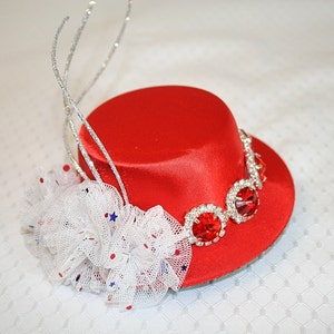 Red Satin Mini Top Hat with Red Rhinestones Tulle Flowers Silver Glitter Ting Wedding Party Hat Fun Summer Party Hat Fourth of July image 1