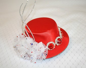 Red Satin Mini Top Hat with Red Rhinestones Tulle Flowers Silver Glitter Ting Wedding Party Hat Fun Summer Party Hat Fourth of July