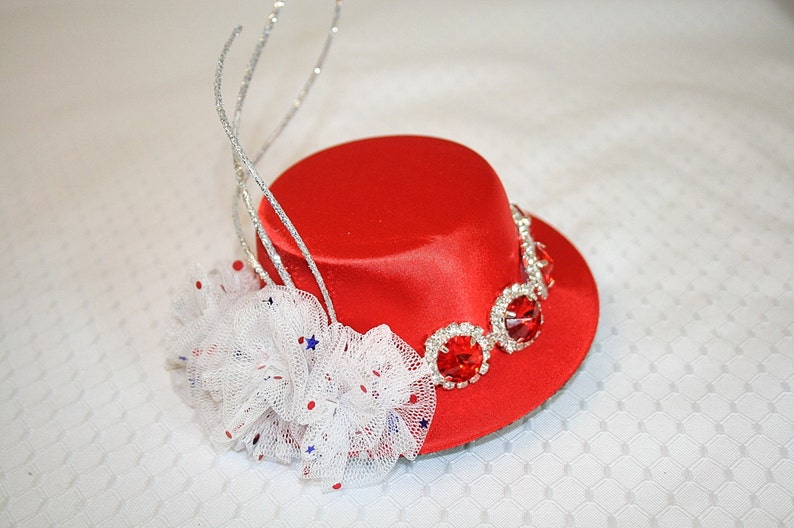 Red Satin Mini Top Hat with Red Rhinestones Tulle Flowers Silver Glitter Ting Wedding Party Hat Fun Summer Party Hat Fourth of July image 1