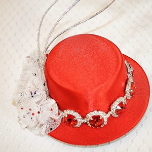 Red Satin Mini Top Hat with Red Rhinestones Tulle Flowers Silver Glitter Ting Wedding Party Hat Fun Summer Party Hat Fourth of July image 4