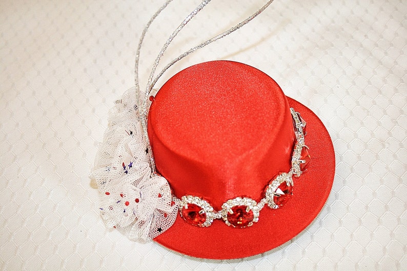 Red Satin Mini Top Hat with Red Rhinestones Tulle Flowers Silver Glitter Ting Wedding Party Hat Fun Summer Party Hat Fourth of July image 4