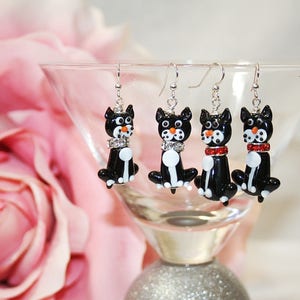 Cat Dangle Earrings Lampwork Cat Earrings with Rhinestone Collar Whimsical Cat Earrings For Cat Lovers
