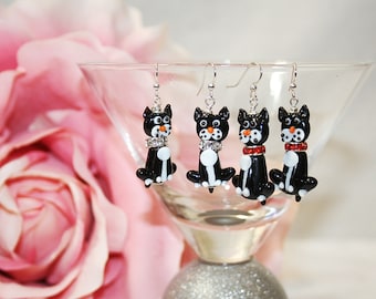 Cat Dangle Earrings Lampwork Cat Earrings with Rhinestone Collar Whimsical Cat Earrings For Cat Lovers