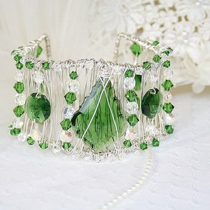 St Patrick&#39;s Day Bracelet Handcrafted Emerald Green Cuff Bracelet Wide Silver Cuff Bracelet Vintage Crystal Bracelet Sparkly Diva Bracelet